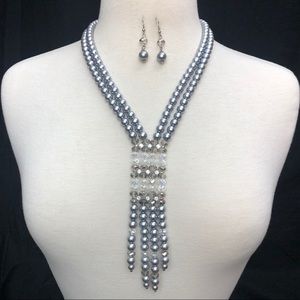 Long Grey 2 Row Pearl Necklace Earrings Set